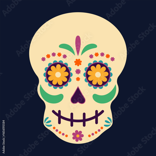 Colorful Day of the Dead Sugar skull. Vector calaca head cranium with floral pattern. Traditional Mexico festival Dia de los Muertos symbols