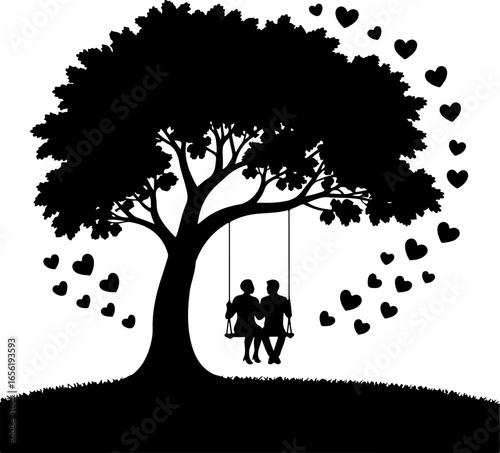 one branch hangs a swing with two people sitting closely together in silhouette form