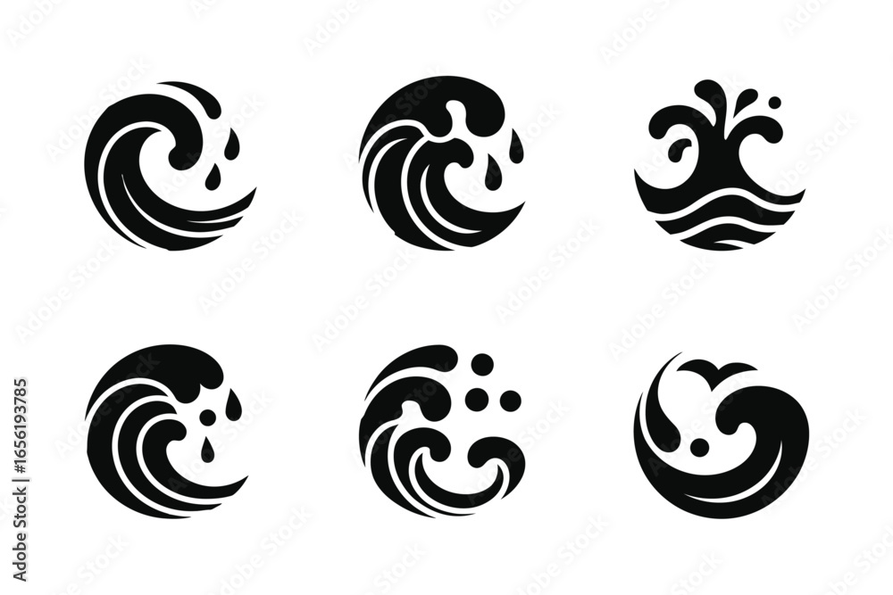 Obraz premium Black and white wave icons set of various ocean wave vector isolated on white background