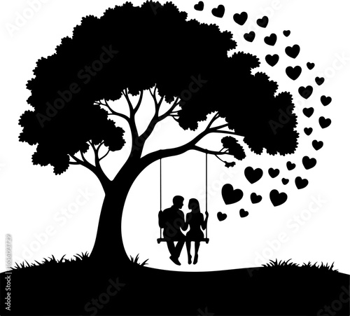 one branch hangs a swing with two people sitting closely together in silhouette form