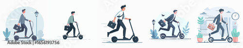Modern Flat Illustration Set of Businessman Riding Electric Scooter Transport