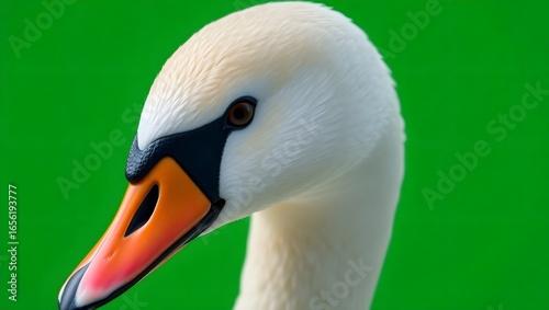 Fototapeta Naklejka Na Ścianę i Meble -  Close up shot of a white swan head and neck with a bright green background in a portrait style