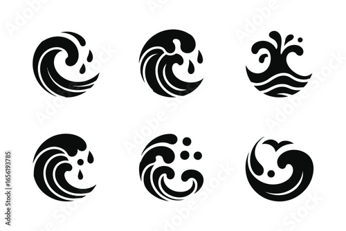 Black and white wave icons set of various ocean wave vector isolated on white background