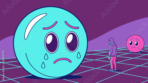Large Sad Cyan Emoji with Tears Retro Style Illustration.