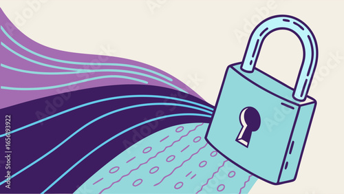 Light Blue Padlock with Abstract Wavy Lines and Binary Code.