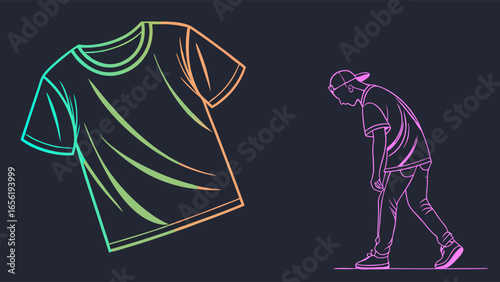 Line Art Illustration of a Young Man in a Baseball Cap Casual Clothing Walking with a Slumped Posture.