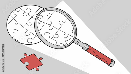 Magnifying Glass Examining Jigsaw Puzzle Pieces with a Red Piece Nearby.