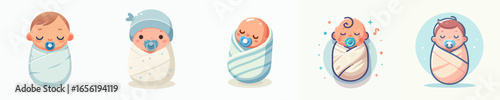 Cute Handdrawn Swaddled Newborn Illustration With Pacifier and Different Poses of Baby