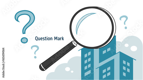 Magnifying Glass Investigating a Teal Building Question Marks.