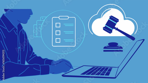 Online Legal Work Person Using Laptop with Gavel and Checklist Icons.