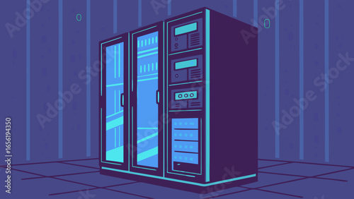 Modern Server Rack with Illuminated Interior and Control Panels.
