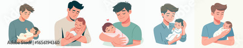 Modern Cartoon Dad Holding Newborn Baby in Arms Flat Illustration
