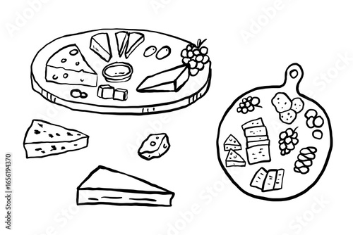 Appetisers doodle drawings set. Cheese on plate. Slow living concept, illustrations, charcuterie