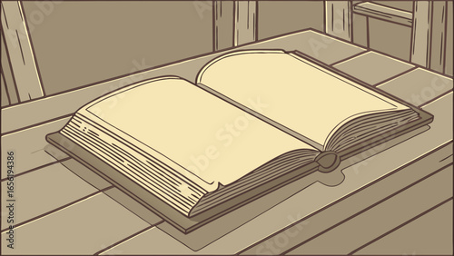 Open Antique Book on Wooden Table Blank Pages.