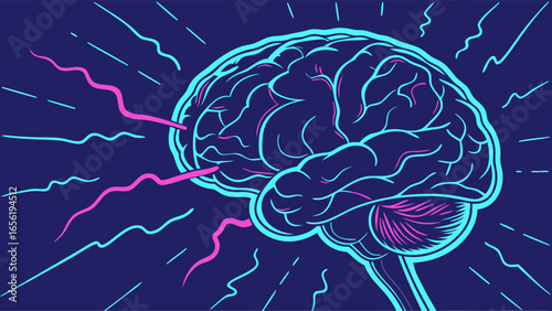 Neon Brain Illustration with Pink and Blue Accents on Dark Blue Background.