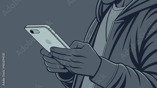 Person Holding Smartphone in Hands Wearing Hoodie Vector Illustration.