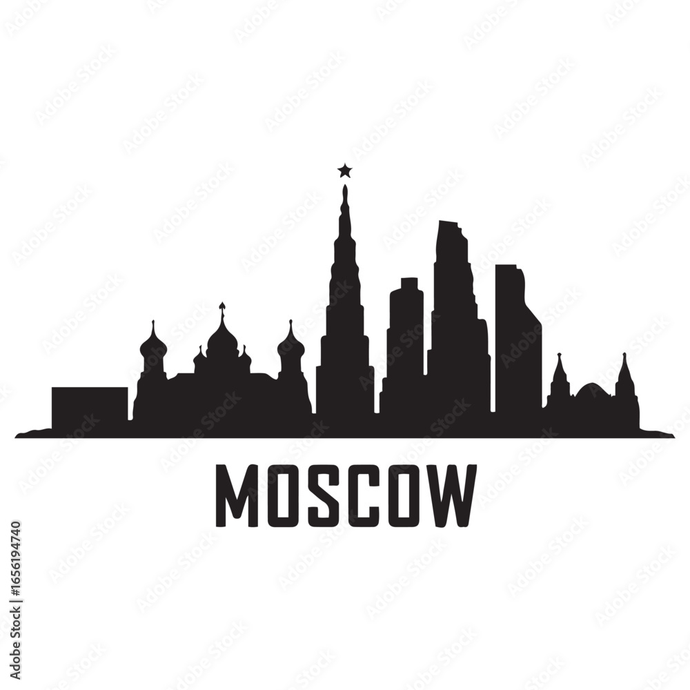 Fototapeta premium Moscow city skyline horizontal banner. Moscow city, Russia. Vector template for your design. Vector black silhouette. with white background