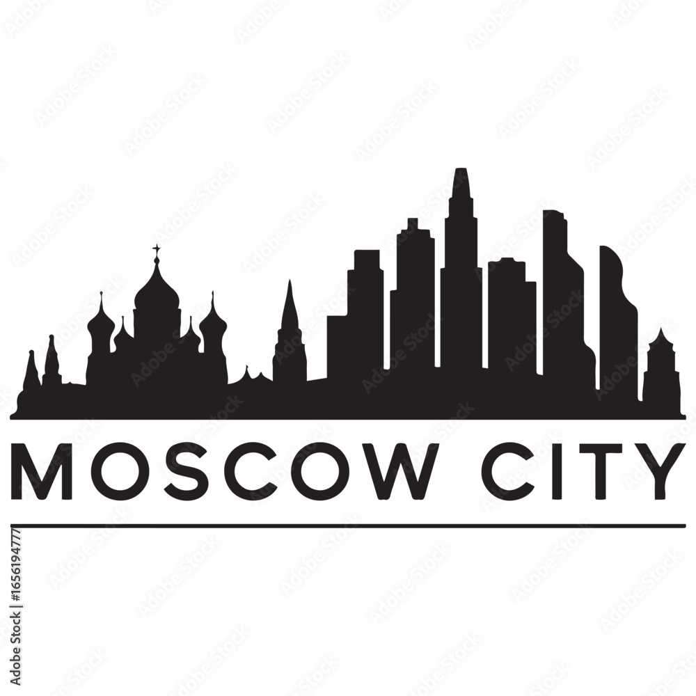 Fototapeta premium Moscow city skyline horizontal banner. Moscow city, Russia. Vector template for your design. Vector black silhouette. with white background
