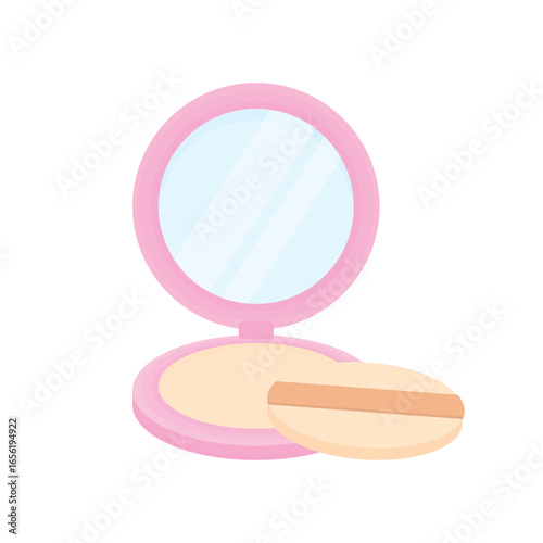 Face powder with a round mirror. Cosmetics. Makeup application concept.