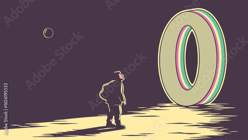 Person Gazing at a Large Multicolored RingShaped Object.
