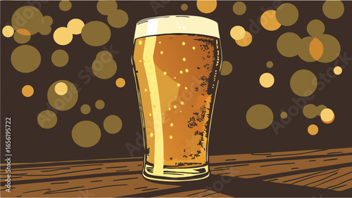 Pint of Golden Beer with Frothy Head on Wooden Table.