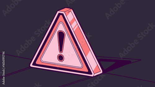 Pink Warning Sign with Exclamation Point on Dark Background.