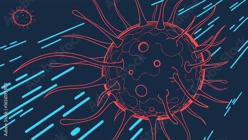 Red Coronavirus Outlines with Blue Streaks on Dark Blue Background.