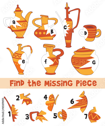 Find the Missing Piece. Fix the Amphora. Ancient pottery puzzle for kids: match each missing piece to the correct amphora or jug. A fun visual activity to develop attention and observation skills.