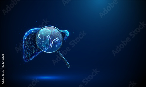 Liver with magnifying glass showing antibodies inside. Viral, autoimmune liver disease detection, serological testing, immune response analysis concept.