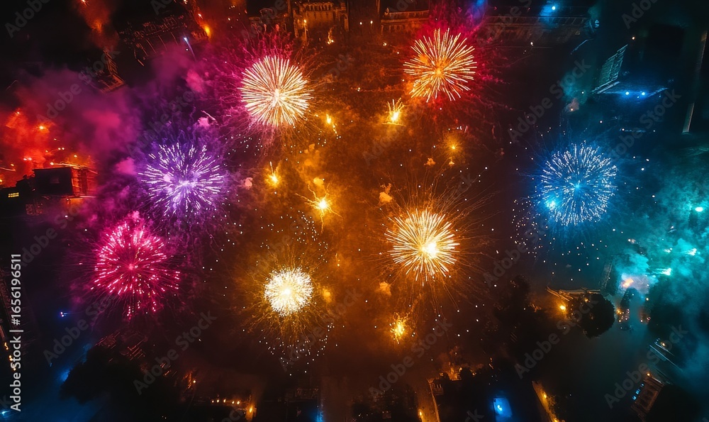 Fototapeta premium Aerial drone photograph capturing a breathtaking top view of vibrant fireworks exploding in a night sky, showcasing a spectacular array of colors. This visual represents celebration, Generative AI