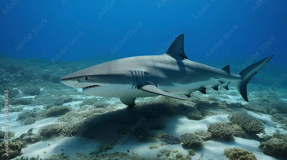 Fototapeta premium the shark swims under the seafloor in an underwater scene