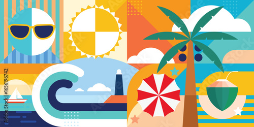 Abstract geometric background for summer vacation. Trendy and colorful modern design concept for travel, holiday and summertime fun promotions