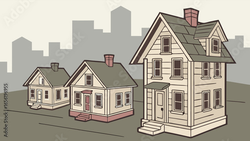Stylized Illustration of Three Houses in a Row.