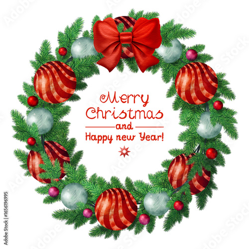Christmas spruce wreath with red decoration.