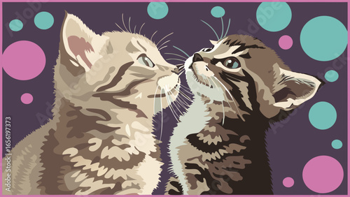 Two Kittens Nuzzling Affectionate Tabby and Brown Cats.