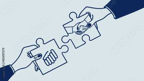 Two Hands Connecting Jigsaw Puzzle Pieces with Handshake Image.