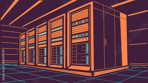 Row of Server Racks in a Data Center.