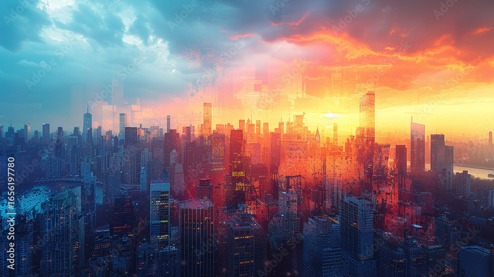 Fototapeta premium Aerial view of New York City skyline at sunset, vibrant colors, dramatic clouds.