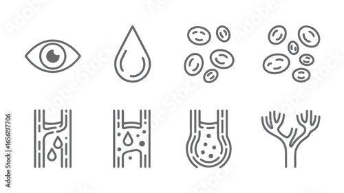 Medical illustration showcasing glaucoma with eye drop blood cells and vessels in a simple minimalistic icon format on white background