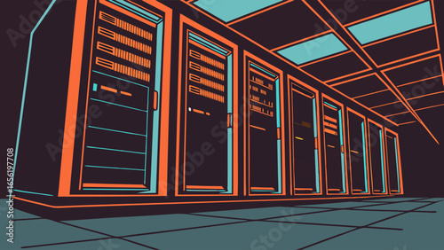 Server Room with Multiple Data Storage Racks in a Row Orange and Blue.