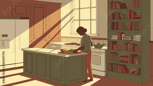 Woman Preparing Food in a Sunny Kitchen Illustration.