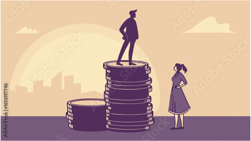 Silhouette of a Man Standing on a Stack of Coins with a Woman Looking Up.