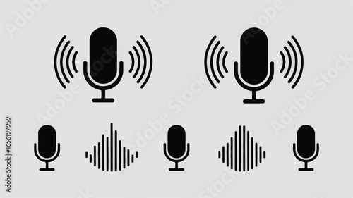 Microphone Voice Recognition Vector Illustration with Sound Waves and Audio Signal Icons Depicting Communication and Recording Technology
