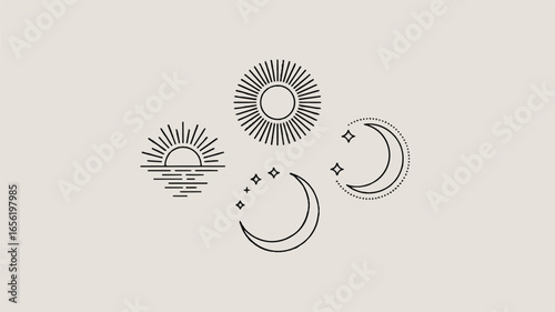 Minimalist celestial design featuring sun moon stars and water for a modern artistic aesthetic and astrological concept