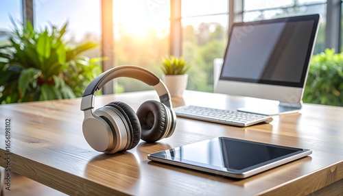 Audio Oasis: The headphones, computer, and tablet sit harmoniously on a wooden desk, illuminated by natural light and a refreshing plant, it is a picture of tranquility.