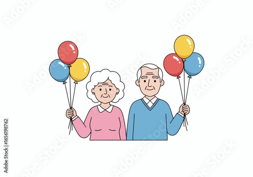Adorable elderly couple celebrating anniversary with colorful balloons, radiating joy and love in simple illustration