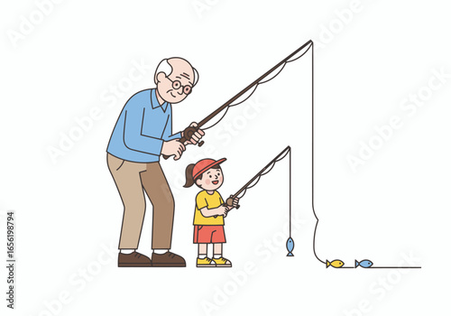 Cheerful grandfather and granddaughter fishing together makes a heartwarming family memory for generations