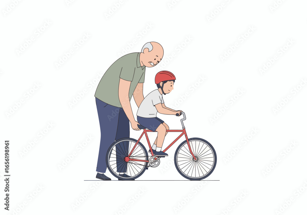 Naklejka premium Grandfather teaching grandson to ride bike, family bonding moment, learning new skill, happy childhood memory