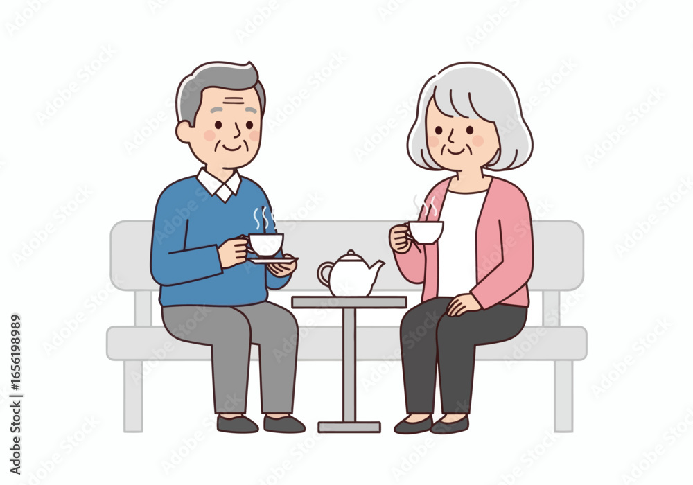 Obraz premium Lovely senior couple enjoying tea time together on park bench, creating precious moments and memories