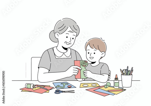 Grandma and grandson enjoy crafting together, creating colorful art projects at home with love and laughter